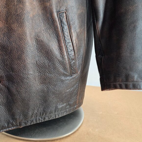 Vtg Men’s Eddie Bauer Leather Coat Jacket Distressed Brown L Quilted Liner Long - Picture 5 of 14